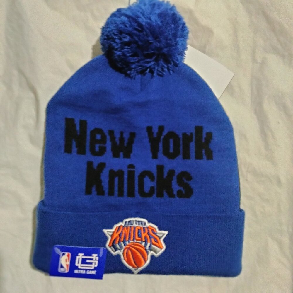 New York Knicks Adult Winter Pom Beanie Hat (One Size) Blue Ultra Game Blue Oran